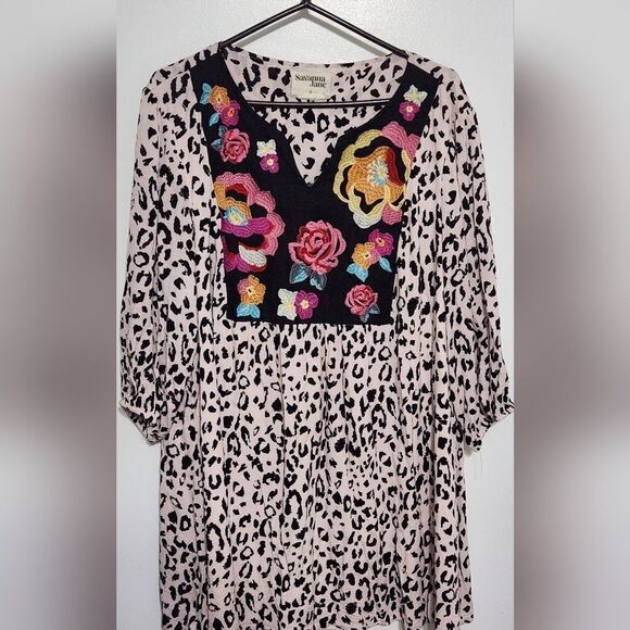 Savanna Jane Leopard printed long sleeve floral embroidered dress plus size 1X - Picture 7 of 9